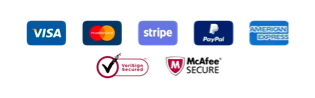 Secure checkout with Visa, Mastercard, Stripe, PayPal, American Express and McAfee Secure