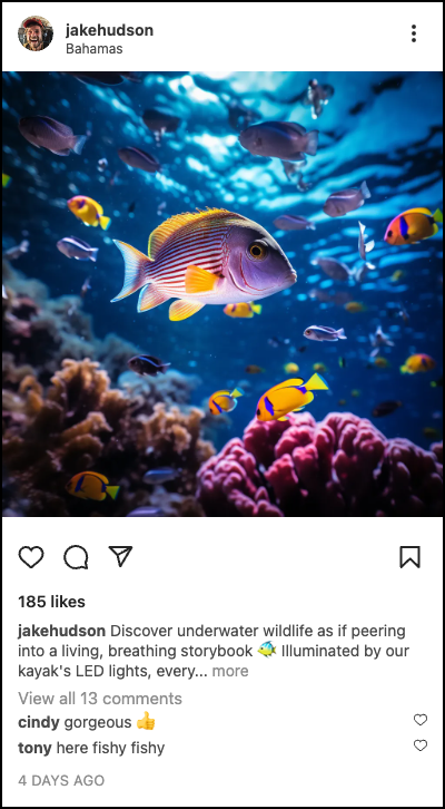 Example travel post: tropical fish over a coral reef in the Bahamas