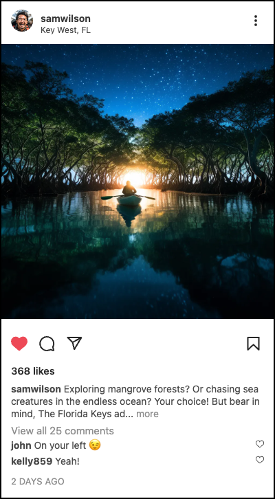 Example travel post: kayaker at sunrise in a mangrove forest in Key West, Florida