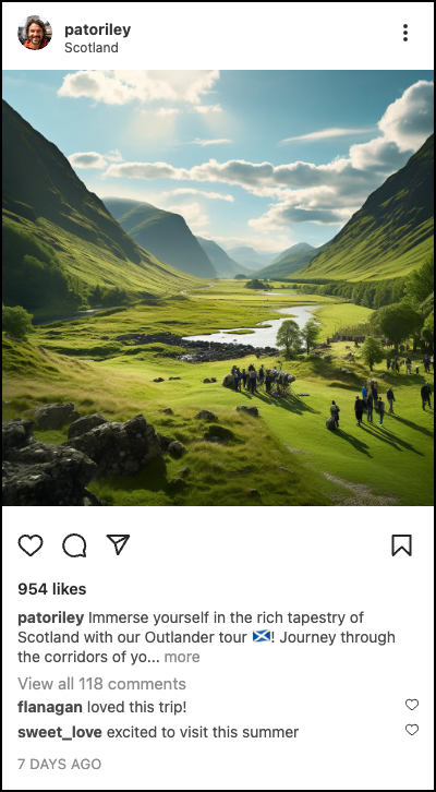 Example travel post: tour group walking through a green valley in Scotland