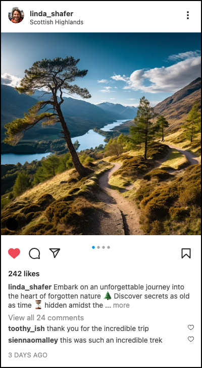 Example travel post: hiking trail above a lake in the Scottish Highlands
