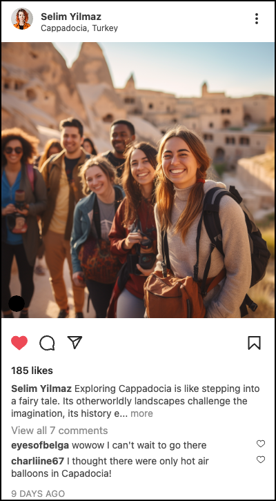 Example travel post: smiling tour group in Cappadocia, Turkey