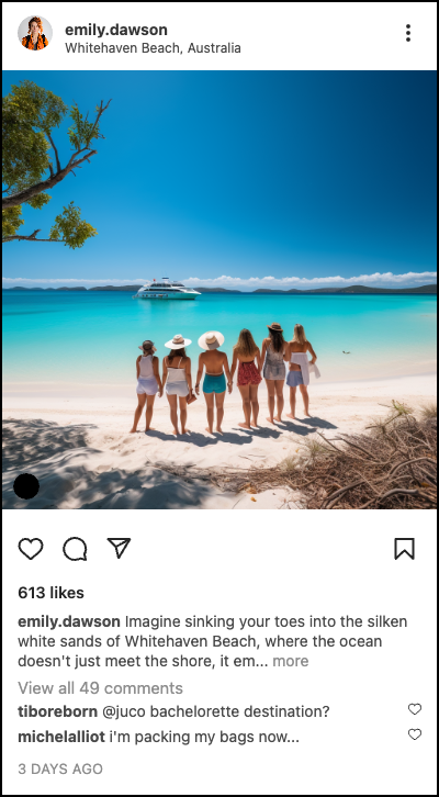Example travel post: friends on the white sand of Whitehaven Beach, Australia