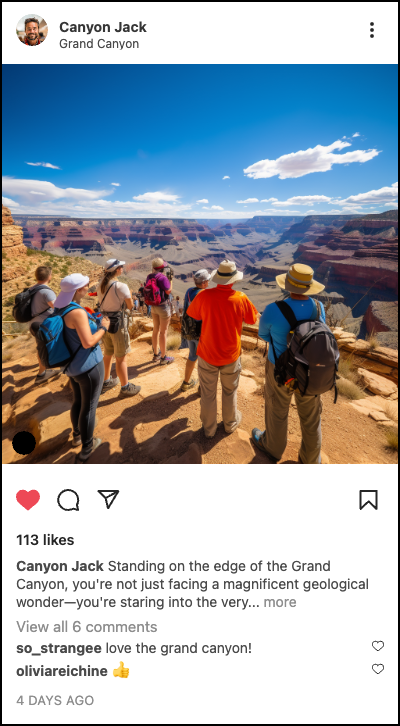 Example travel post: hikers looking out over the Grand Canyon