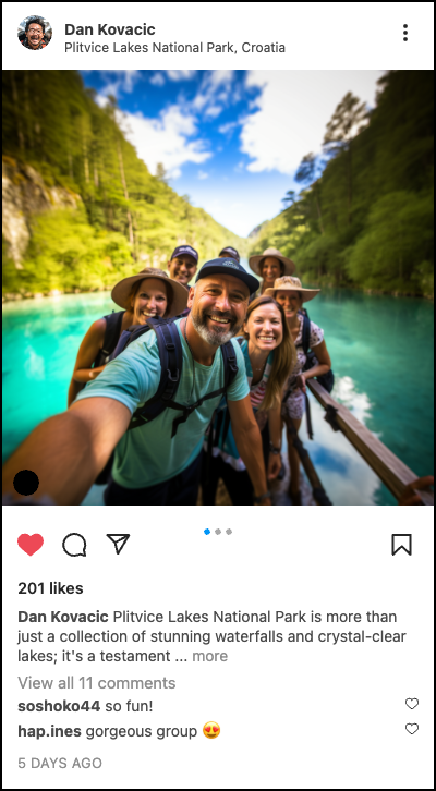 Example travel post: group selfie at Plitvice Lakes National Park, Croatia