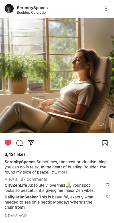Example spa post: woman relaxing in a sunny lounge chair in Boulder, Colorado