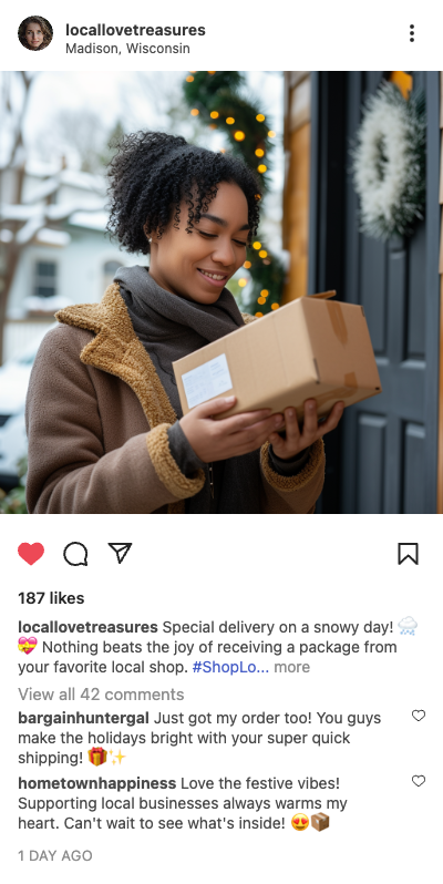 Example retail post: woman holding a delivery box on a snowy porch in Madison, Wisconsin