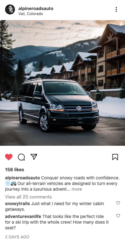Example auto post: black SUV parked at a snowy ski resort in Vail, Colorado