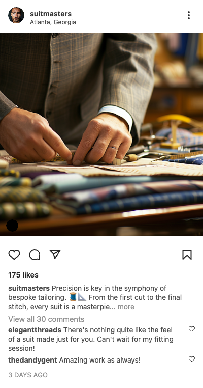 Example retail post: tailor working on a bespoke suit in Atlanta