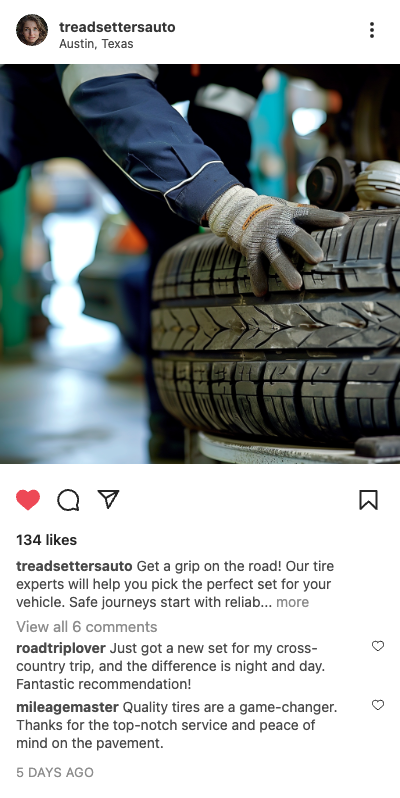 Example auto post: tire technician holding a new tire in Austin, Texas