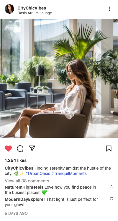 Example spa post: woman resting in a calm lounge filled with plants