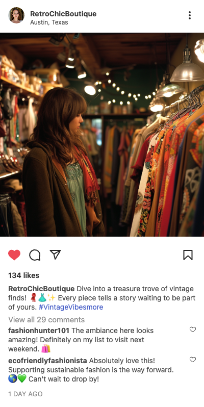 Example retail post: shopper browsing a vintage clothing store in Austin, Texas