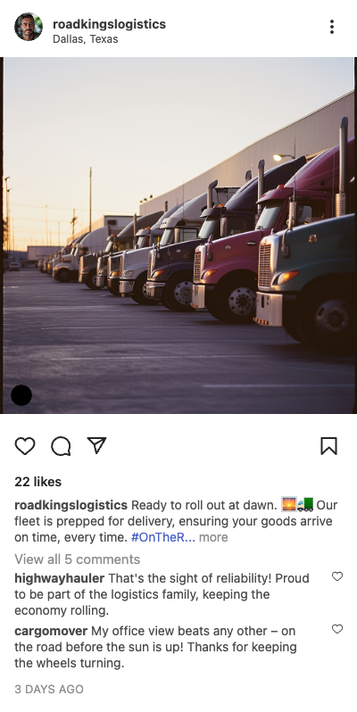 Example logistics post: row of semi trucks parked at dawn in Dallas, Texas