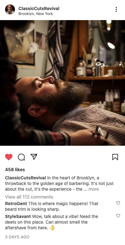 Example barbershop post: man getting a beard trim in Brooklyn, New York