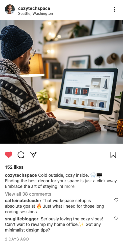 Example retail post: man shopping for home decor online at a cozy desk in Seattle