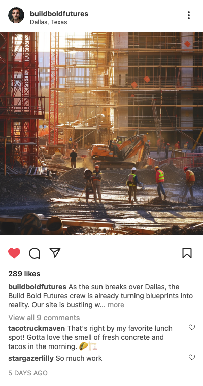 Example construction post: crew working on a building site at sunrise in Dallas