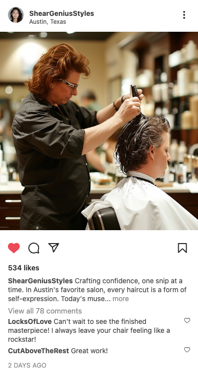 Example salon post: stylist cutting a client's hair in Austin, Texas