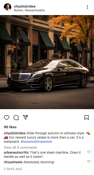 Example auto post: black luxury sedan on an autumn street in Boston