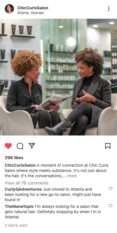 Example salon post: stylist talking with a client at a curl salon in Atlanta