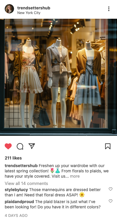 Example retail post: spring outfits on mannequins in a New York City shop window