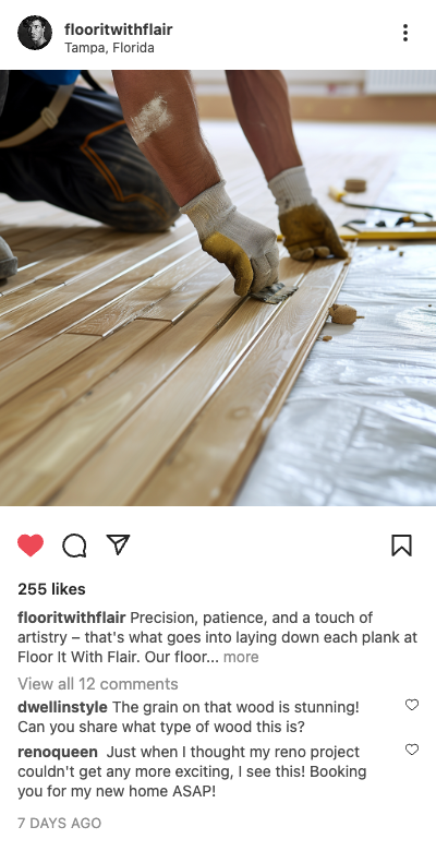Example flooring post: installer laying wood floor planks in Tampa, Florida
