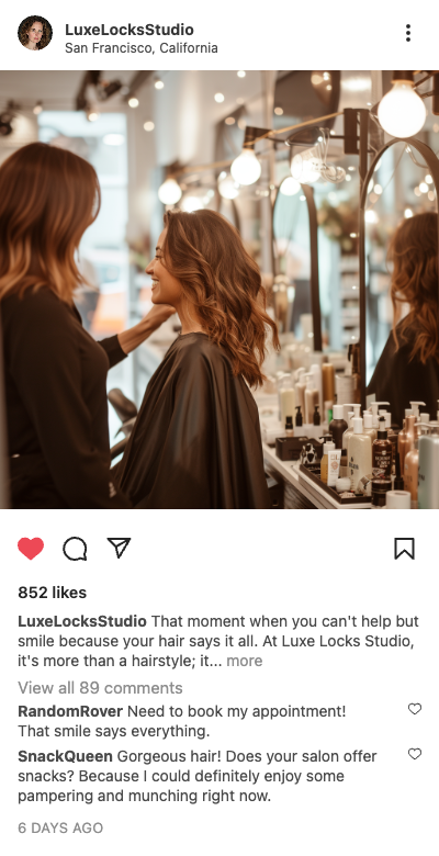 Example salon post: stylist styling a client's hair at a mirror in San Francisco