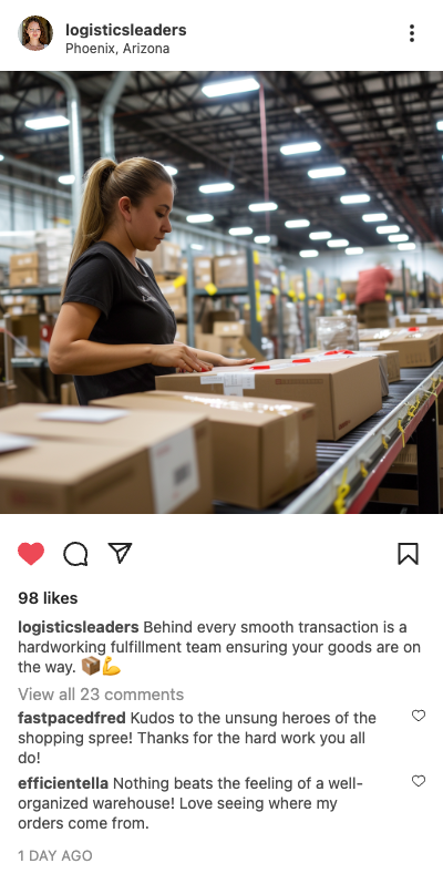 Example retail post: worker packing orders in a warehouse in Phoenix, Arizona