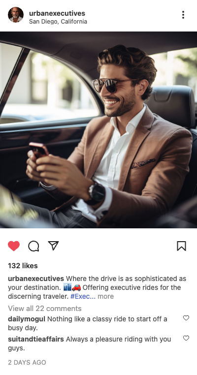 Example transportation post: businessman riding in an executive car in San Diego