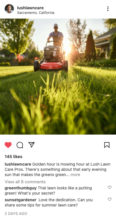 Example lawn care post: worker mowing a lawn at golden hour in Sacramento