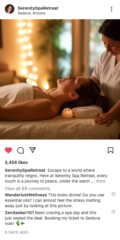 Example spa post: woman getting a massage at a spa retreat in Sedona, Arizona