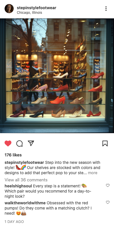 Example retail post: colorful shoes on display in a Chicago store window