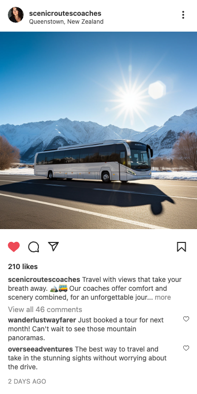 Example transportation post: tour coach driving past snowy mountains in Queenstown, New Zealand