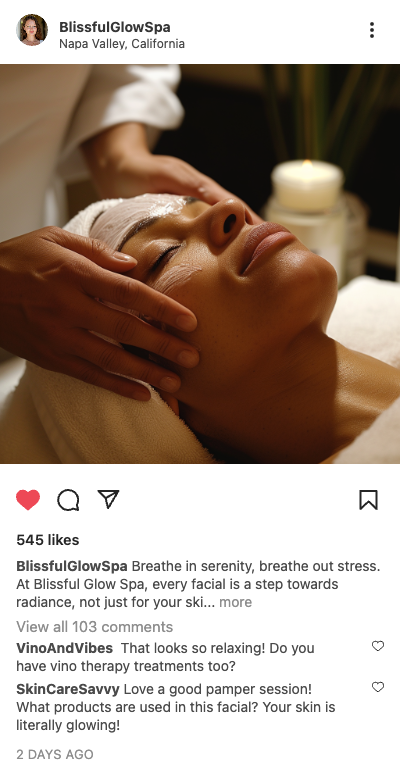 Example spa post: woman enjoying a facial in Napa Valley, California