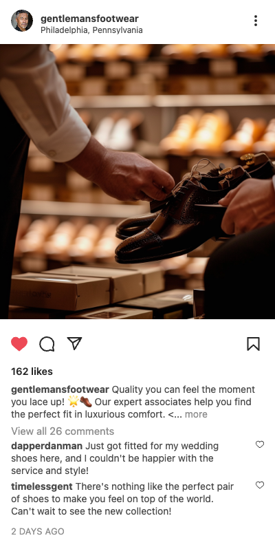 Example retail post: customer trying on dress shoes in Philadelphia