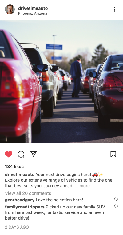 Example auto post: row of cars on a dealership lot in Phoenix, Arizona