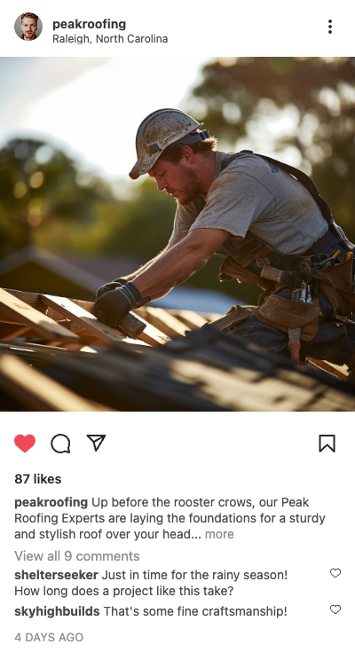Example roofing post: roofer building a roof in Raleigh, North Carolina