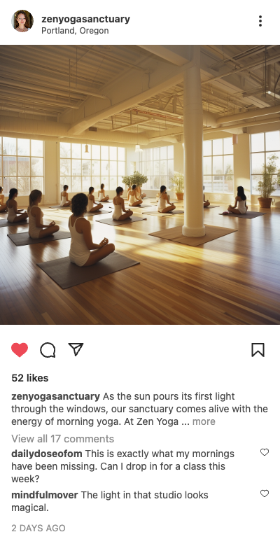 Example yoga post: morning class in a sunlit studio in Portland, Oregon