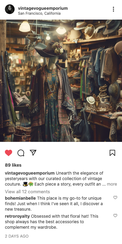 Example retail post: racks of vintage clothes and hats in San Francisco