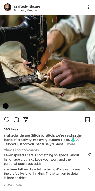 Example retail post: tailor sewing a custom piece in Portland, Oregon