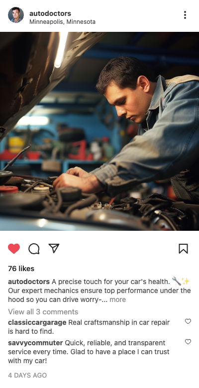 Example auto post: mechanic working under the hood of a car in Minneapolis