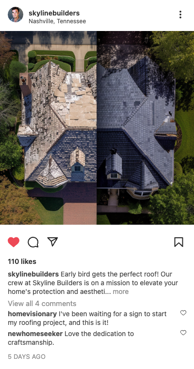 Example roofing post: aerial view of a home's old and new roof in Nashville